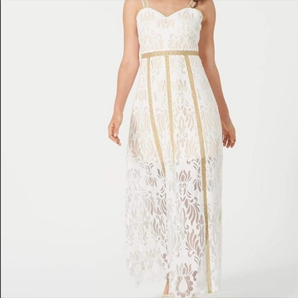 NEW FOXIEDOX LACE OVERLAY MAXI DRESS WHITE METALLIC GOLD EYELASH HEM | Small - Picture 1 of 17